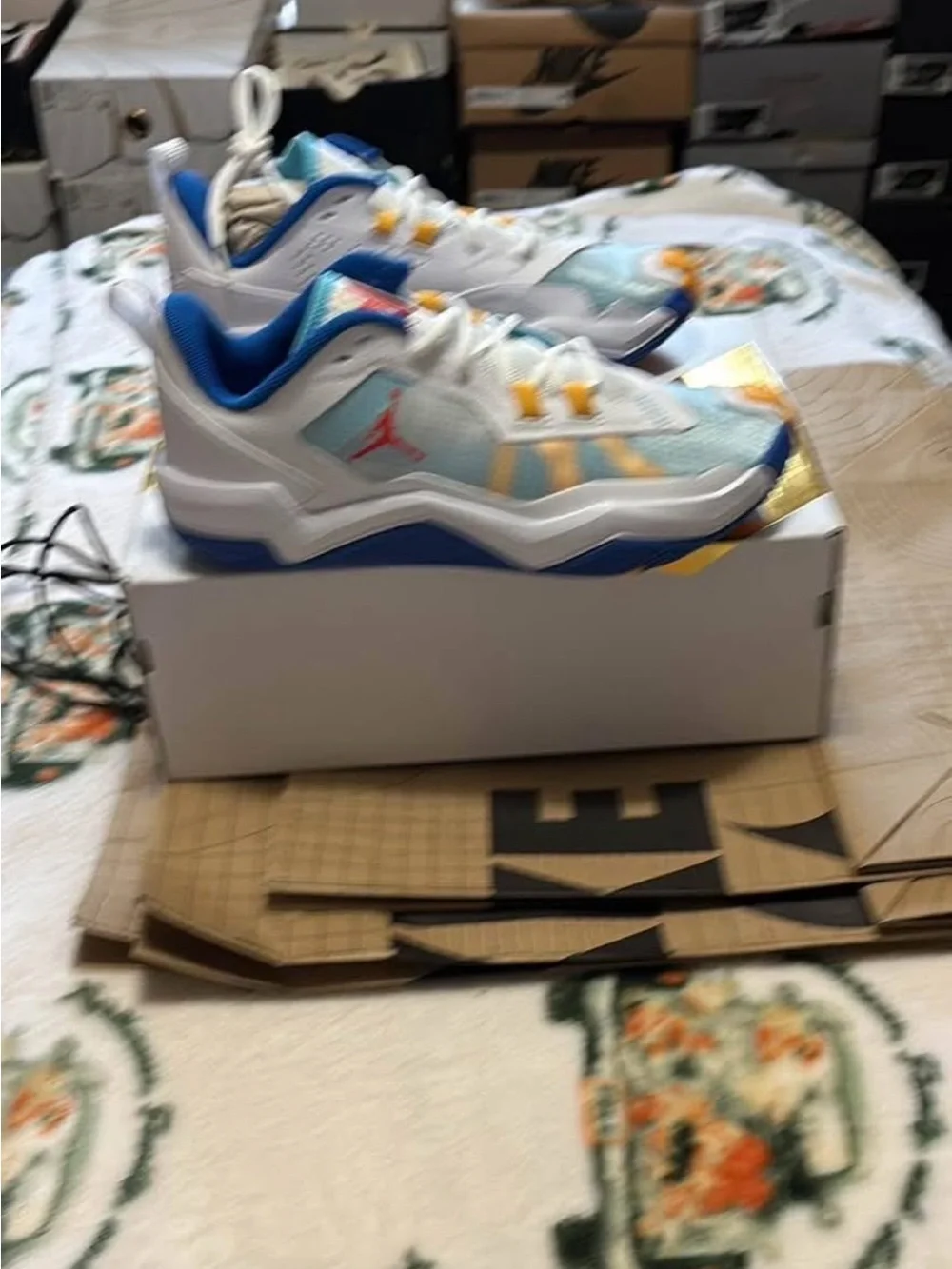 Air Jordan Low-Top Sneakers in White, Blue & Yellow